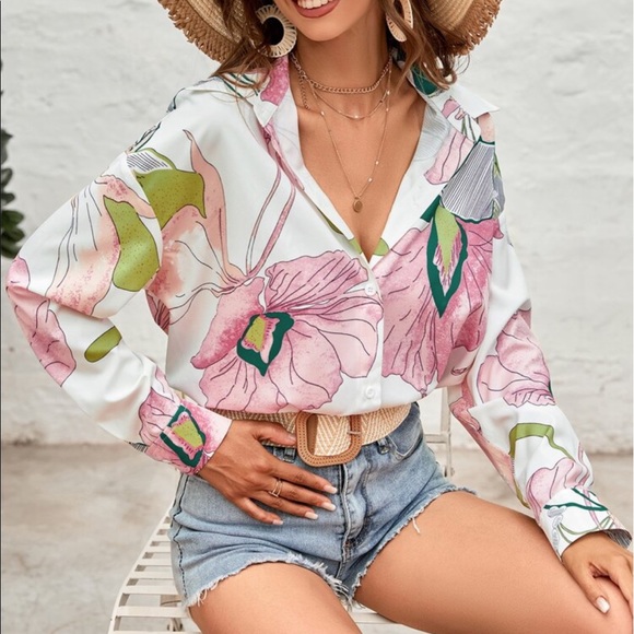 Boho Floral Print Button Down Shirt Top Blouse - Picture 11 of 14